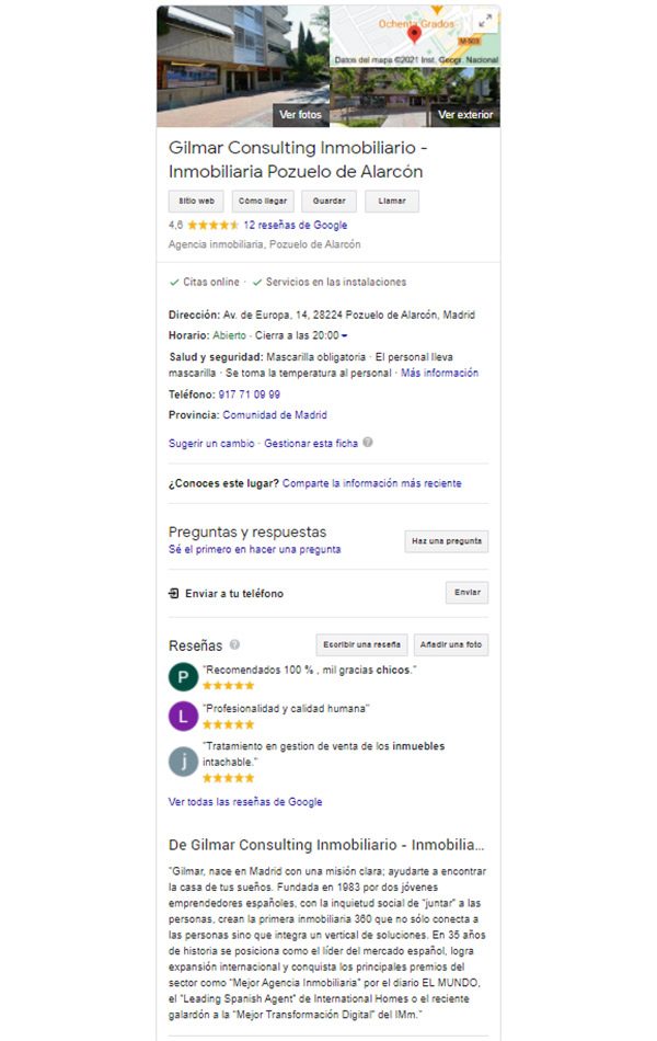 Ficha Gilmar en Google MyBusiness